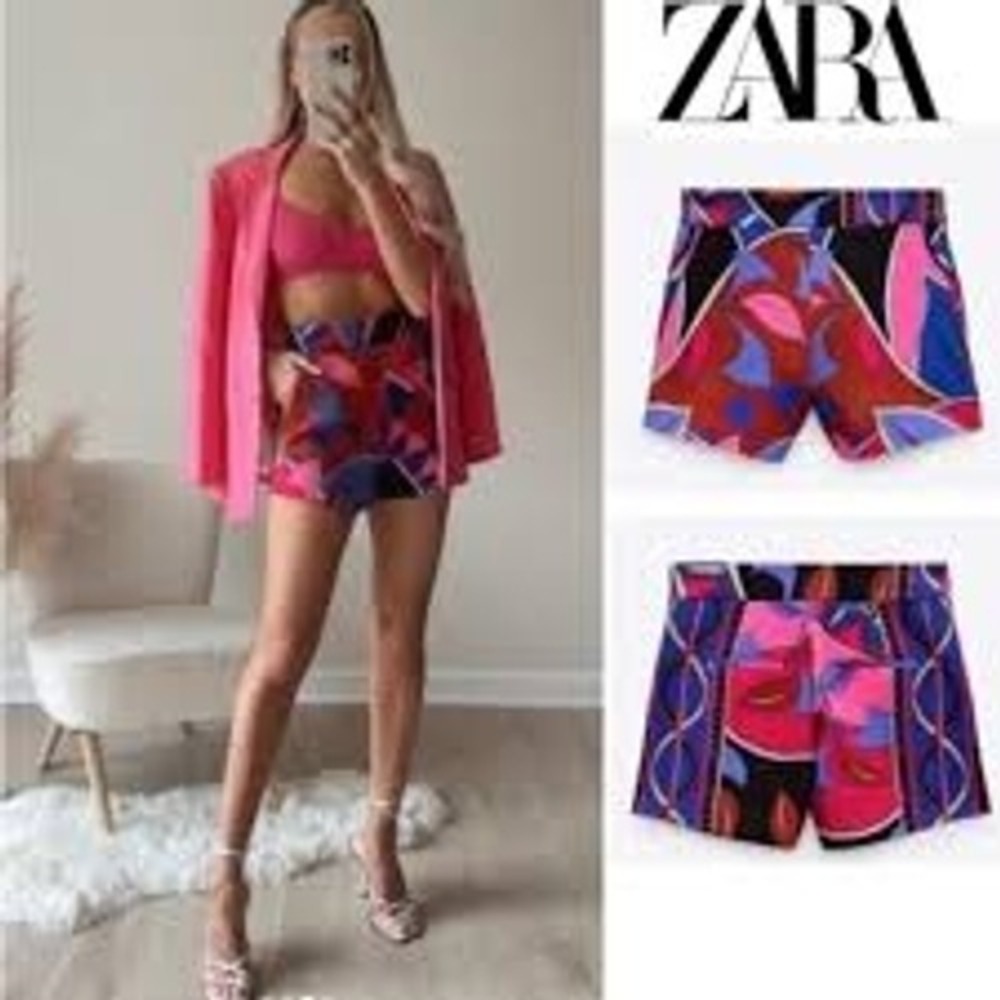 Zara Shorts Womens Small Multicolor Abstract Floral High Waisted Summer Festival - Picture 2 of 8